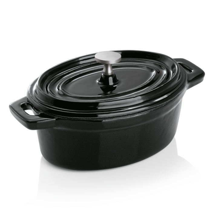 Cocotte oval, 12x9x5 cm - Gusseisen emalliert, schwarz-weiß