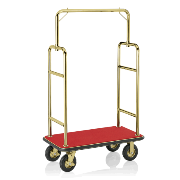 Premium Gepäckwagen; Edelstahl, goldfarbene Stangen/rote Bodenplatte