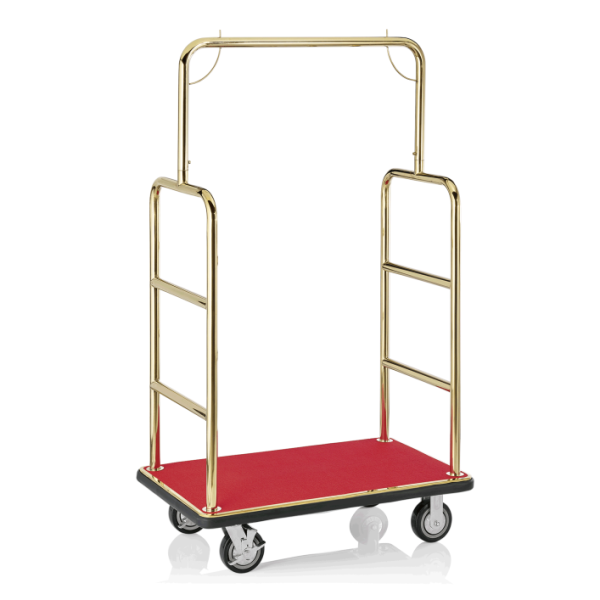 Gepäckwagen, Edelstahl, goldfarbene Stangen/rote Bodenplatte, 105x62x180 cm